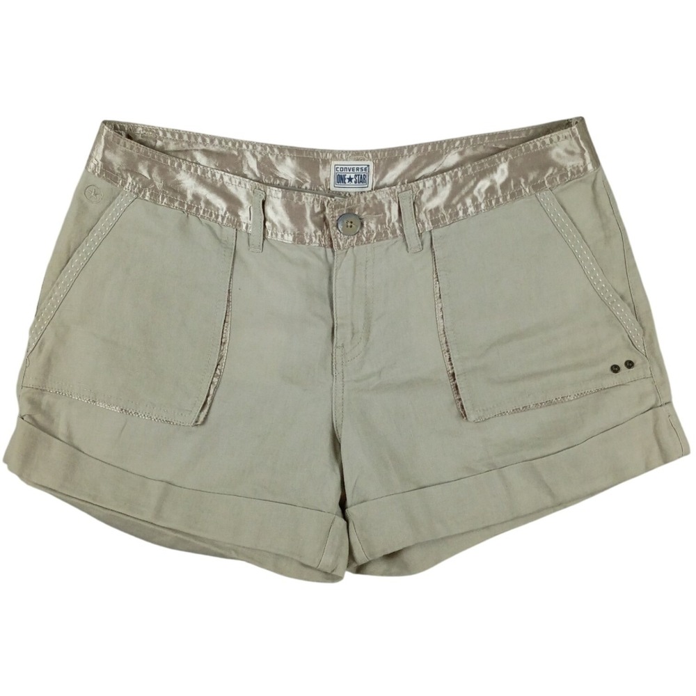 Converse One Star Shorts Women 12 Khaki Tan Good Satin Trim Linen Blend Casual - Picture 1 of 12